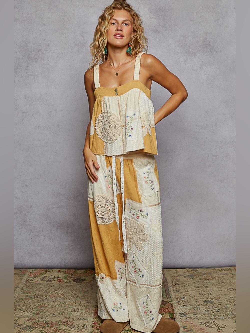 POL Patchwork Cream and Mustard Top and Wide-Leg pant set - Picture 11 of 12